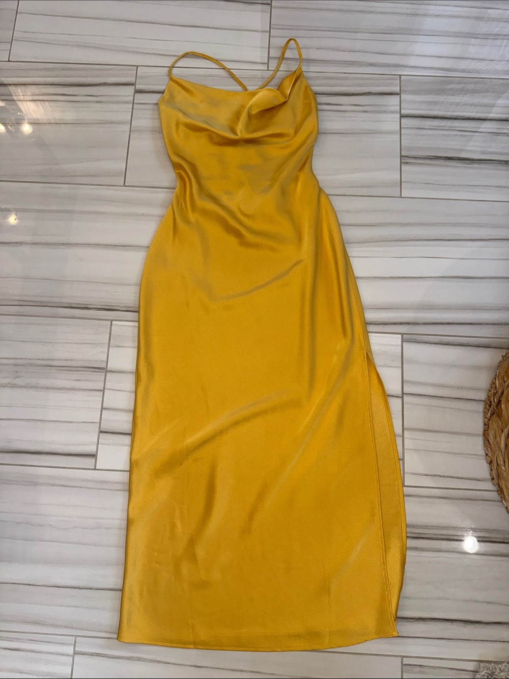 Mustard Yellow Satin Cowl Midi Dress with Spaghetti Straps